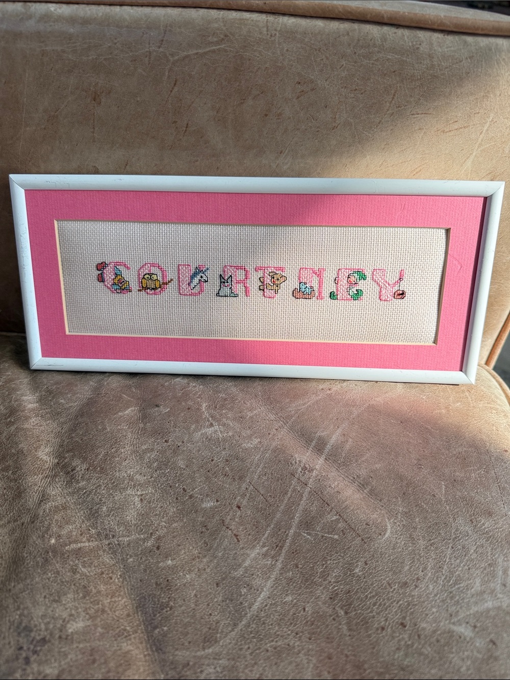 Framed Pink Mat Cross-Stitch - COURTNEY